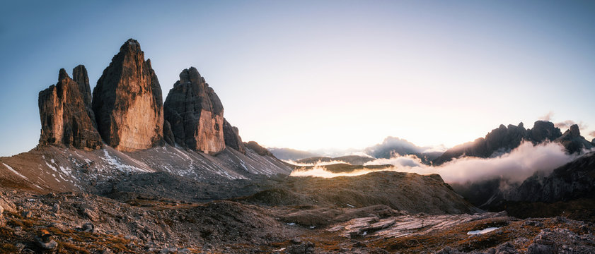 Panoramic view of Tre Cime di Lavaredo or Drei Zinnen at sunset in the Dolomites in Italy, Europe