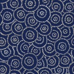 Indigo Hand-Drawn Japanese Dyed Textile Vector Seamless Pattern. Traditional Katazome Katagami Abstract Circles Flowers