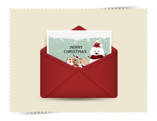 Red envelope Santa claus,Reindeer,with Gift Box,greeting card Winter background Ornament merry christmas and Happy New Year Vintage Card