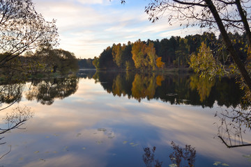 Dawn in the forest near the lake. The forest is reflected in the water. Autumn Early morning. Russia