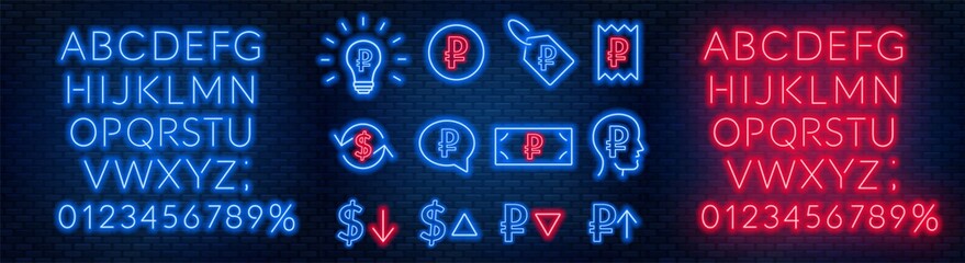 Vector neon financial signs on dark background. Signs of currency exchange, currency appreciation and depreciation, prices, business ideas, speech bubble and others. Neon alphabets with numbers.