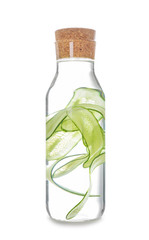 Bottle of fresh cucumber water on white background