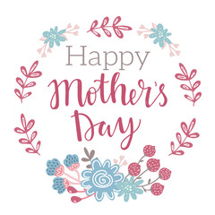Happy Mothers day vector lettering illustration greeting card. Hand drawn lettering text on  decorated with simple colorful flowers and stripes on background