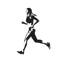 Fototapeta na wymiar Running woman, isolated vector silhouette, side view. Ing drawing marathon runner