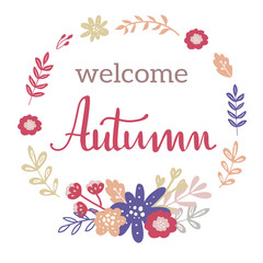 Welcome Autumn card with hand lettering and floral wreath