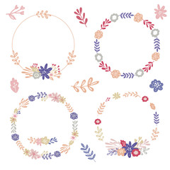 Set of simple floral wreaths and bouquets for wedding decor,invitation,greeting card design