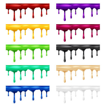 Set Dripping seamless different colours, dripps, liquid drop and splash, blood repeatable isolated on white, vector and illustration.