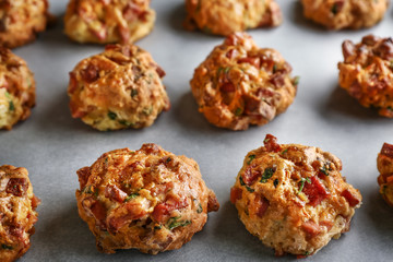 Tasty sausage balls on table, closeup