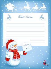 Letter to Santa Claus with cartoon funny Snowman with Christmas letter for Santa Claus and sleigh with reindeer team and Santa Claus in flying in the sky
