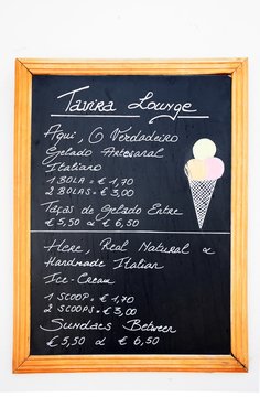 Chalkboard for an Italian ice cream shop in the old town, Tavira, Algarve, Portugal.