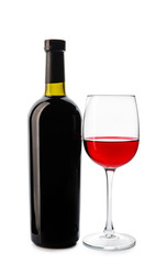 Glass and bottle with tasty wine on white background