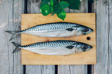 two fresh fish on a cutting Board, cooking mackerel,fish tails close up
