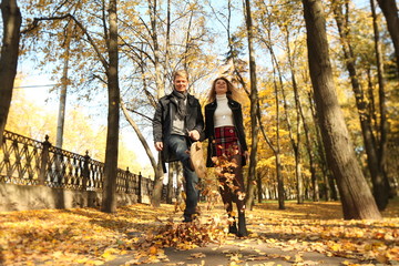 Obraz premium couple people young man and women walking autumn park fanny sunny day