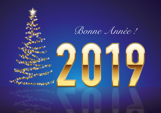 Classique carte de vœux 2019 avec le traditionnelle sapin de noël, fait avec une guirlande dorée pour souhaiter la bonne année.