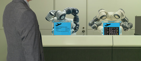 smart hotel in hospitality industry 4.0  concept, the receptionist robot (robot assistant ) in...