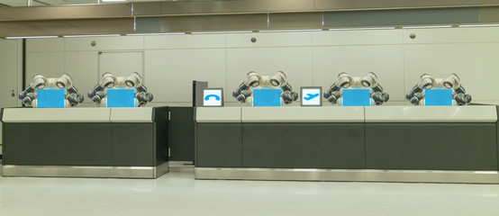 smart hotel in hospitality industry 4.0  concept, the receptionist robot (robot assistant ) in lobby of hotel or airports always welcome customer the service is  including room, information provision