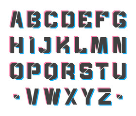 Alphabet letters in grey with double exposure pink and blue color. Vector typeset design isolated on white background