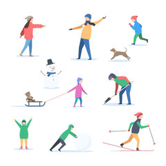 A set of people, children and dog active in the winter outdoors. Playing snowballs, skiing, sledding, clearing snow, running, having fun. Vector illustration isolated on white background