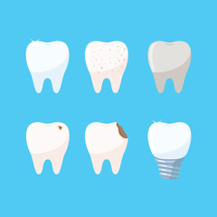 Set of teeth icons. Dental problems. Teeth whitening, caries, implant. Dental clinic services. Vector illustration in flat style