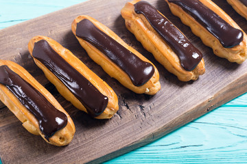 French dessert eclair with chocolate .