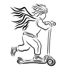 Winged curly child racing on a scooter