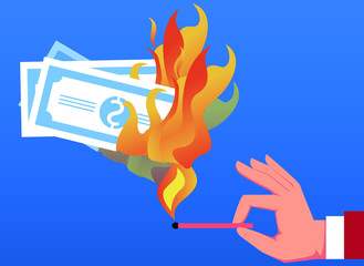 Businessman burned the banknotes with a match