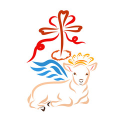 Winged lamb in a crown and a cross with a crown of thorns and a heart