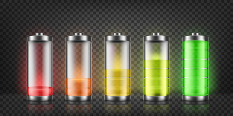 Vector set of battery charge indicators with low and high energy levels isolated on background. Full charged and discharged accumulators with colorful glow. Icons for gadget interfaces, mobile apps