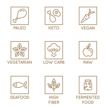 Vector set of simple linear icons - healthy nutrition and dieting - paleo, keto, vegan food