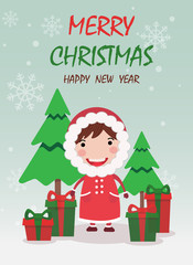 Merry Christmas and happy new year greeting card,banner with cute kid, girl   wear Christmas costume, Christmas tree and gifts. Cartoon character vector.