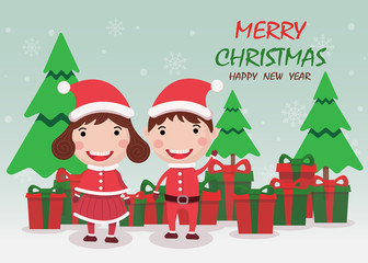 Merry Christmas and happy new year greeting card,banner with cute kids,girl and boy wear Christmas costume, Christmas tree and gifts. Cartoon character vector.