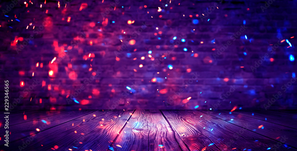 Wall mural dark basement room, empty old brick wall, sparks of fire and light on the walls and wooden floor. da