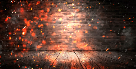 Dark basement room, empty old brick wall, sparks of fire and light on the walls and wooden floor. Dark background with smoke and bright highlights. neon lamps on the wall, night view.