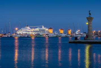 Mandraki Windmills by night, Rhodos Greece