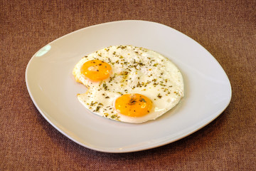 breakfast on plate, fried eggs