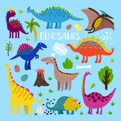 Dino vector set. Dinosaurus prehistoric animals like stegosaurus and pterosaur, brachiosaurus and pterosaur