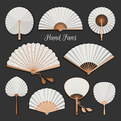 Fototapeta Chinese fans. Japanese traditional hand fan set vector illustration, vintage woman paper fans isolated obraz