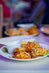 delicious dishes on the table in the restaurant. serving table. sharpness in the middle of the table
