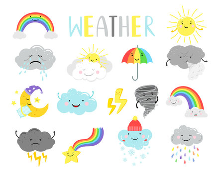 Cute weather. Cartoon weathers illustration items for kids, sunny clouds and happy sun face, moon and tornado isolated on white, vector illustration