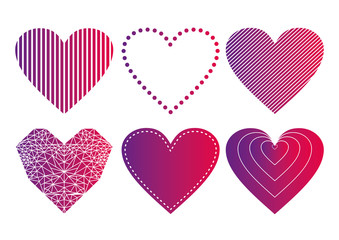 violet and neon red gradient Heart Icons Set, ideal for valentines day and wedding. Vector illustration isolated on white. 