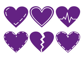 Ultra violet Heart Icons Set, ideal for valentines day and wedding. Vector illustration isolated on white. 