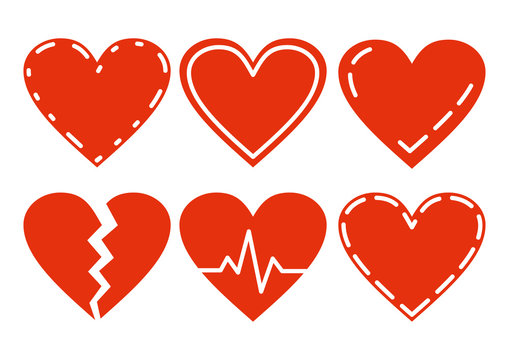 Red Heart Icons Set, ideal for valentines day and wedding. Vector illustration isolated on white