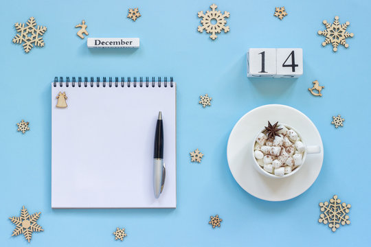 calendar December 14 cup cocoa and marshmallow, empty open notepad