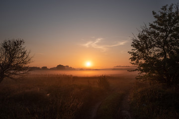 Fototapeta na wymiar autumn landscape with fog at sunrise