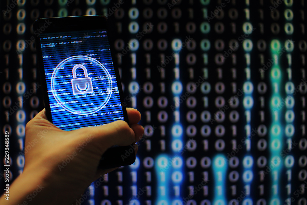 Poster protected in stream of data flow. padlock icon symbolise security and motion movement of binary code