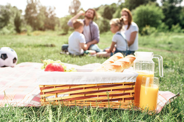 A picture of basket with fruit and bread standing on blanket on grass. There is a big jar of orange juice besides it. Also there is a ball on blanket. There is a family sitting further on grass.