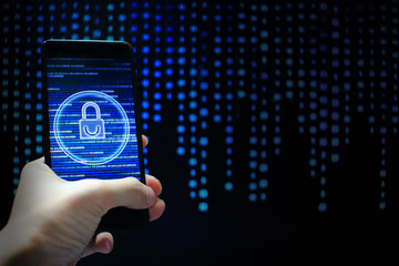 protected in stream of data flow. padlock icon symbolise security and motion movement of binary code computer data moving in the background. light of blue colour in dark background.