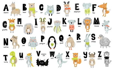  Vector poster with letters of the alphabet with cartoon animals for kids in scandinavian style © Alexandra