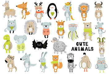 Vector poster with cartoon cute animals for kids in scandinavian style. Hand drawn graphic zoo