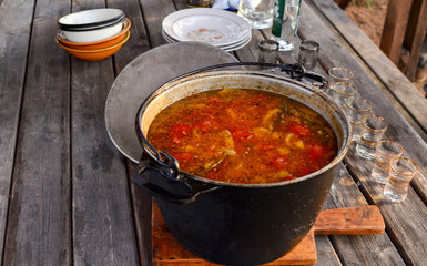 Closeup of a hunting soup of tomatoes and red pepper in a large pan on a wooden table. Rest and lunch in nature